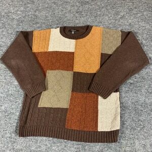 Croft & Barrow Sweater Mens Medium Brown Patchwork Cable Knit Crewneck Comfort